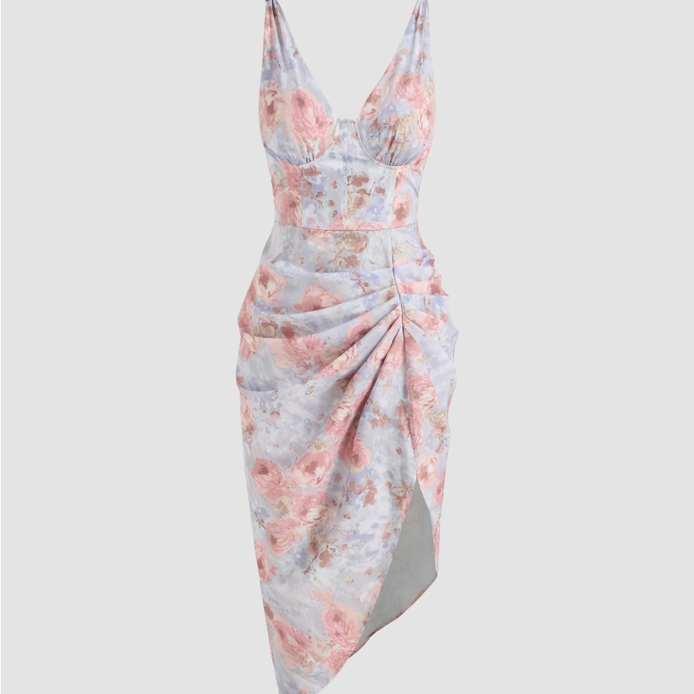 Cider Pastel Pink & Lavender Floral Asymmetrical Midi Dress
